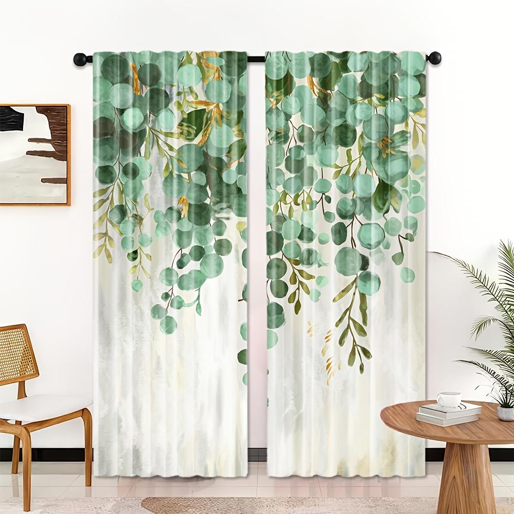 Set Of 2 Elegant Green Plant Print Curtains Spring Bedroom Decor Semi Transparent Polyester Fabric Botanical Design Rod Curtain For Made