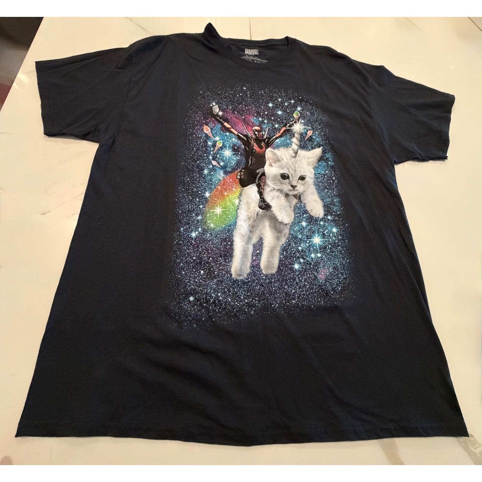 Marvel Deadpool Riding Unicorn Cat Galaxy Space T-Shirt Mens XL Black Cotton Unisex T-Shirt S