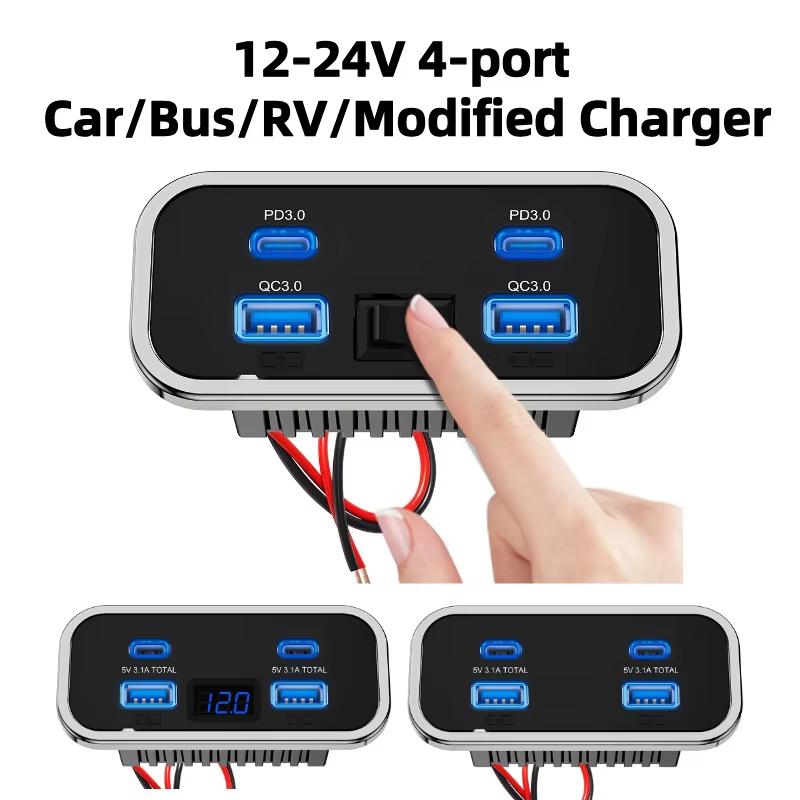 4 Ports 12/24V USB Outlet PD3.0 USB-C QC 3.0 Fast Charging Socket Panel for Car Marine Truck Camper Caravan Car Accessories