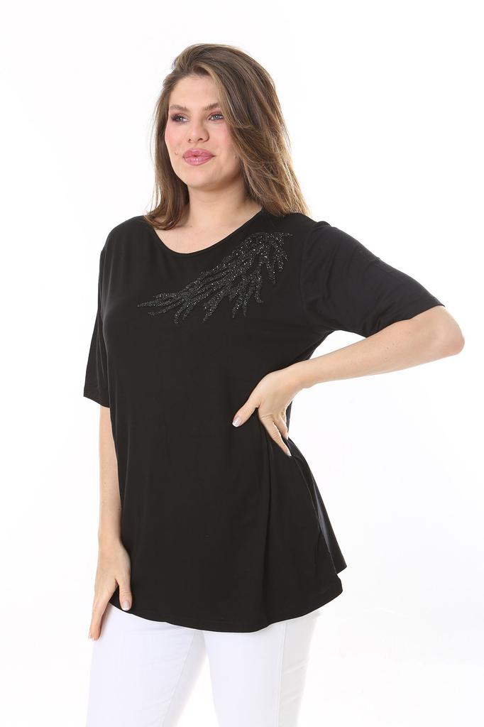 Women's Big Size Blouse Plus Size Black Stone Detailed Blouse