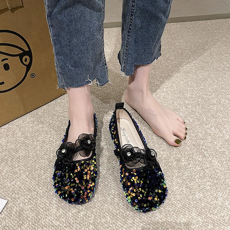 

Жіночі плоскі туфлі-одиначки літо 2025 нова мода універсальні з неглибоким вирізом стрази паєтки квітка фея вітер взуття-боби жіночі 40 королівський синій колір