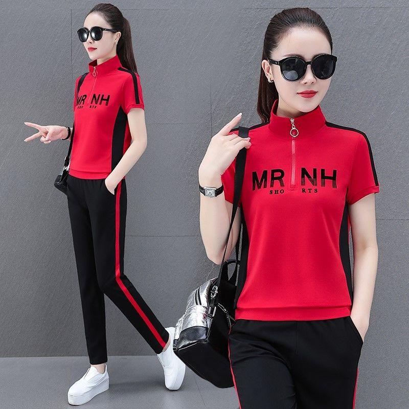 Plus Size Suit Women's Summer Fashion Stand-up Collar Sweatshirt Running Short-sleeved Sportswear Casual Two-piece Set