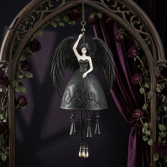 Gothic Style Windbell Dark Angel Wind Chime Winged Black Memorial Chime Hanging for Outdoor Garden Porch Patio Decor