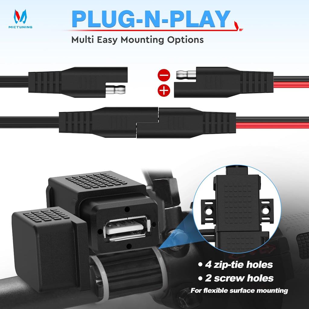 MICTUNING Motorcycle USB Charger,SAE To USB Cable Adapter SAE Quick Disconnect 2.1A Waterproof USB Port With Inline Fuse, Socket Cable 12V-24V For