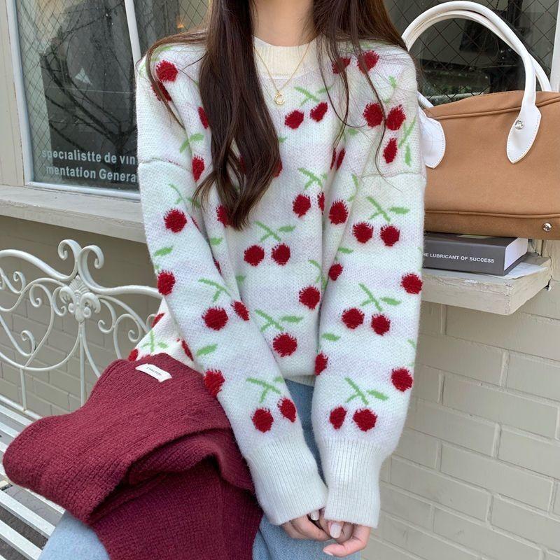 Outono Inverno Novo Suéter de Tricô Oversized Estampado Cereja Feminino Preguiçoso - Chic Gola Redonda Doce Suéteres Pulôver