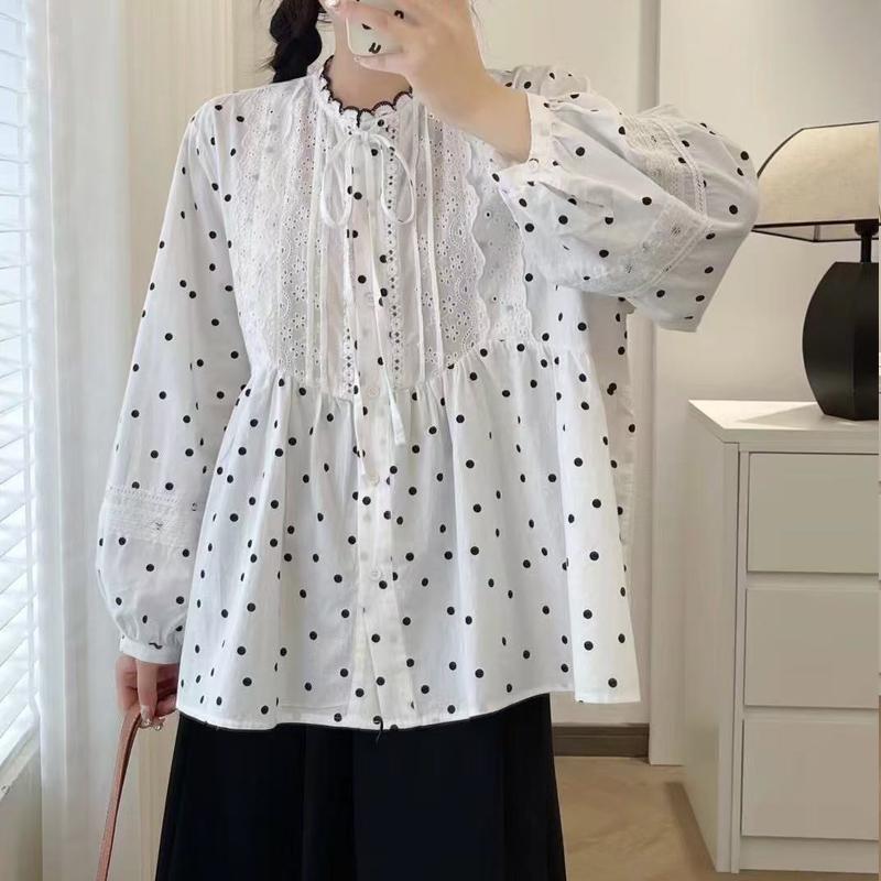 Johnature Japanese Embroidery Lace Polka Dot Shirt Spring Summer Casual Balloon Sleeve Shirt Women Loose Forest Tops