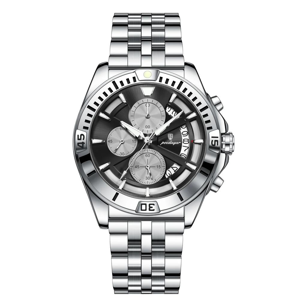 Men Chronograph Watches Stainless Steel Analog Quartz Wrist Watch Waterproof Luminous Date Business Dress Watch for Men