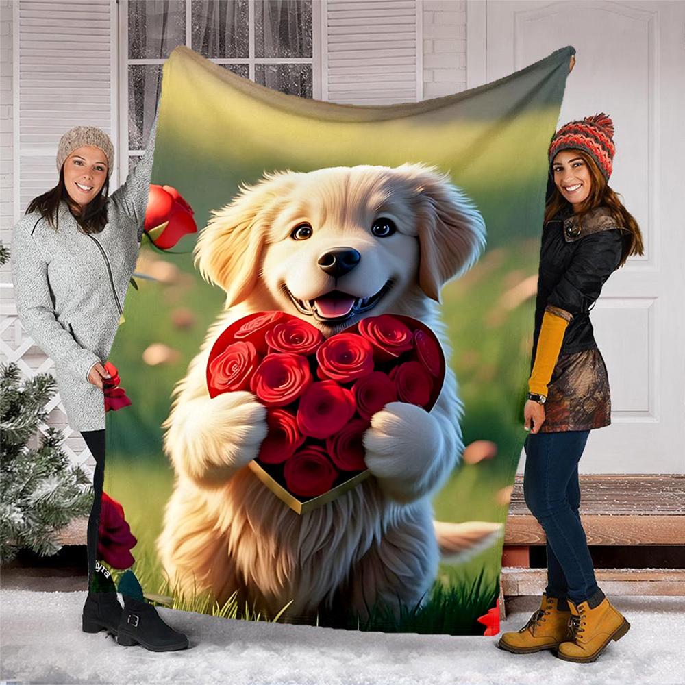 1pc Golden Retriever Roses Heart Outdoor Flannel Blanket, Cozy & Warm Soft Te Playful Design, Napping Camping,