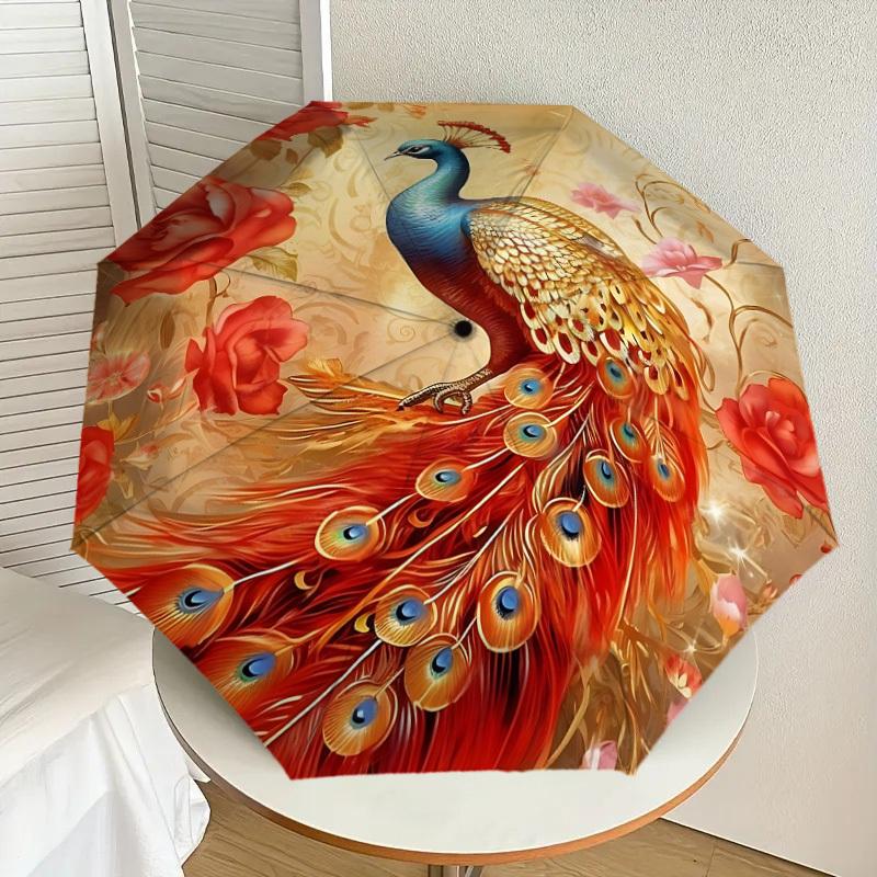 1PC Peacock Flowers Automatic Open/Close Umbrella with Windproof, 8-Rib Sturdy Canopy, Durable Ribs, Fashionable Design, 1304A