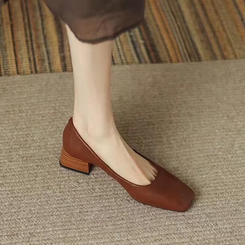 Woman Elegant Pumps Square Toe Leather Female Retro Shoes Chunky Middle Heeled Shoes for Women Shallow Mouth Fahion Single Shoe