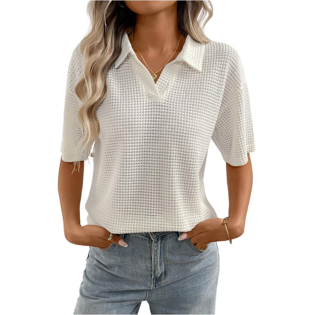 Women's Collared Color Knit Pullover Loose Short,sleeved T,shirt