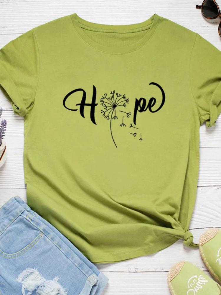 Dandelion Hope Letter Print WoUnisex T Shirt Short Sleeve O Neck Loose WoUnisex Tshirt Ladies Tee Shirt Tops Clothes Camisetas Mujer