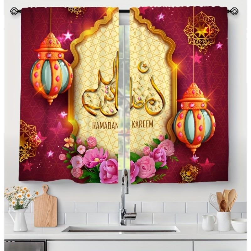2pcs Translucent Polyester Window Curtain Ramadan Lamp Arch Moon Star Lantern Holiday Decor Living Room Bedroom Office Home