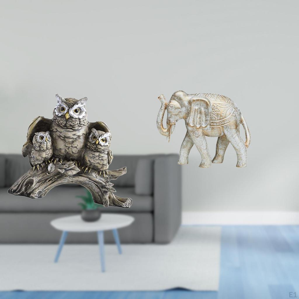 Owl And Elephant Sculpture Figurine Tabletop Ornament for Living Room Office Cabinet Decor Rustic