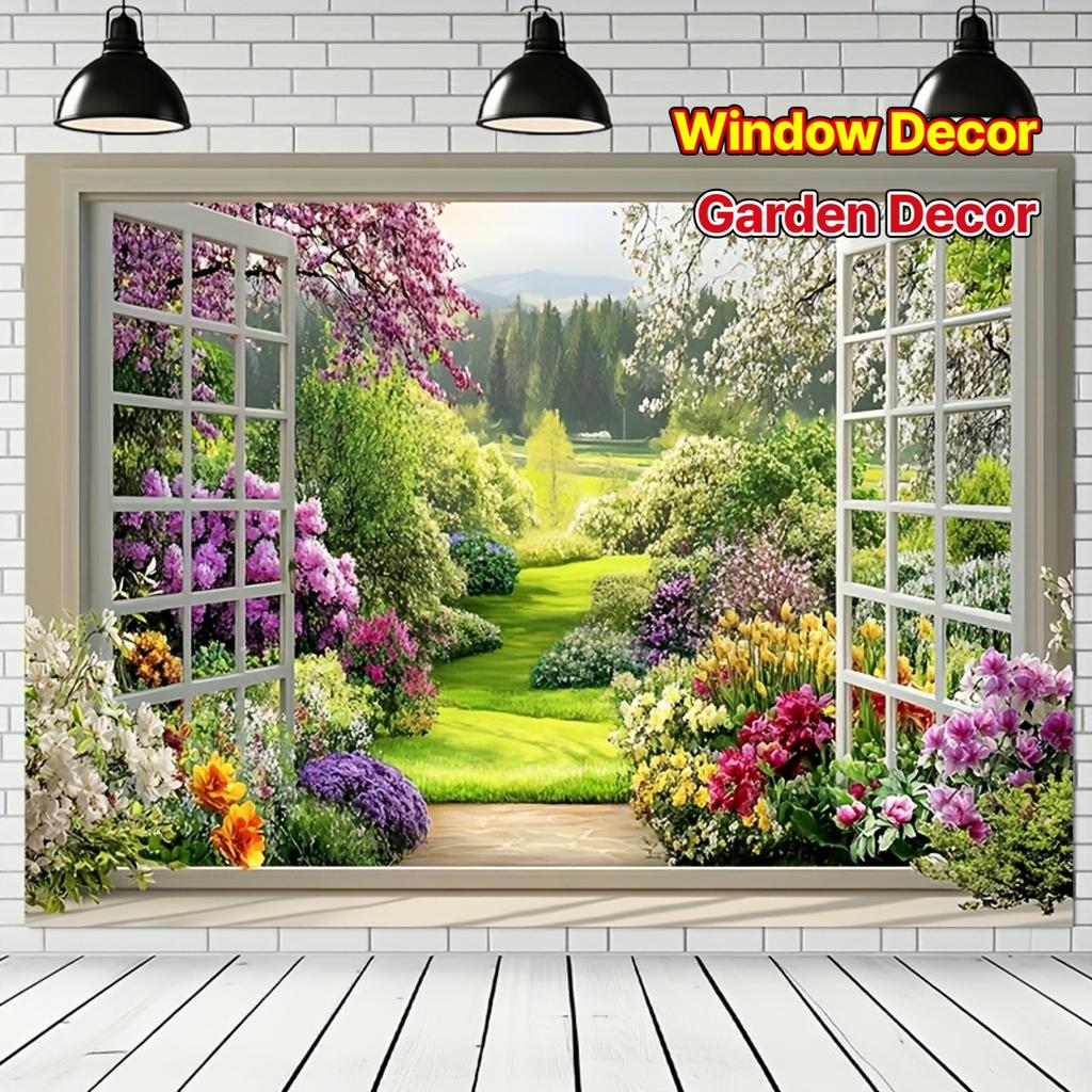 2D flat 1pc spring garden landscape polyester banner, through the window, perfect living room decoration and room decoration