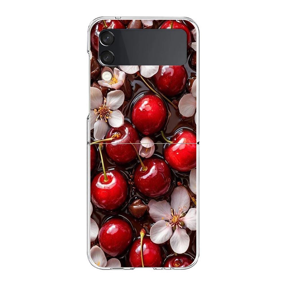 Transparent Phone Case For Samsung Galaxy Z Flip 3 4 5 6 7 Hard Folding PC Z Flip3 Flip4 Cover Red Cherry