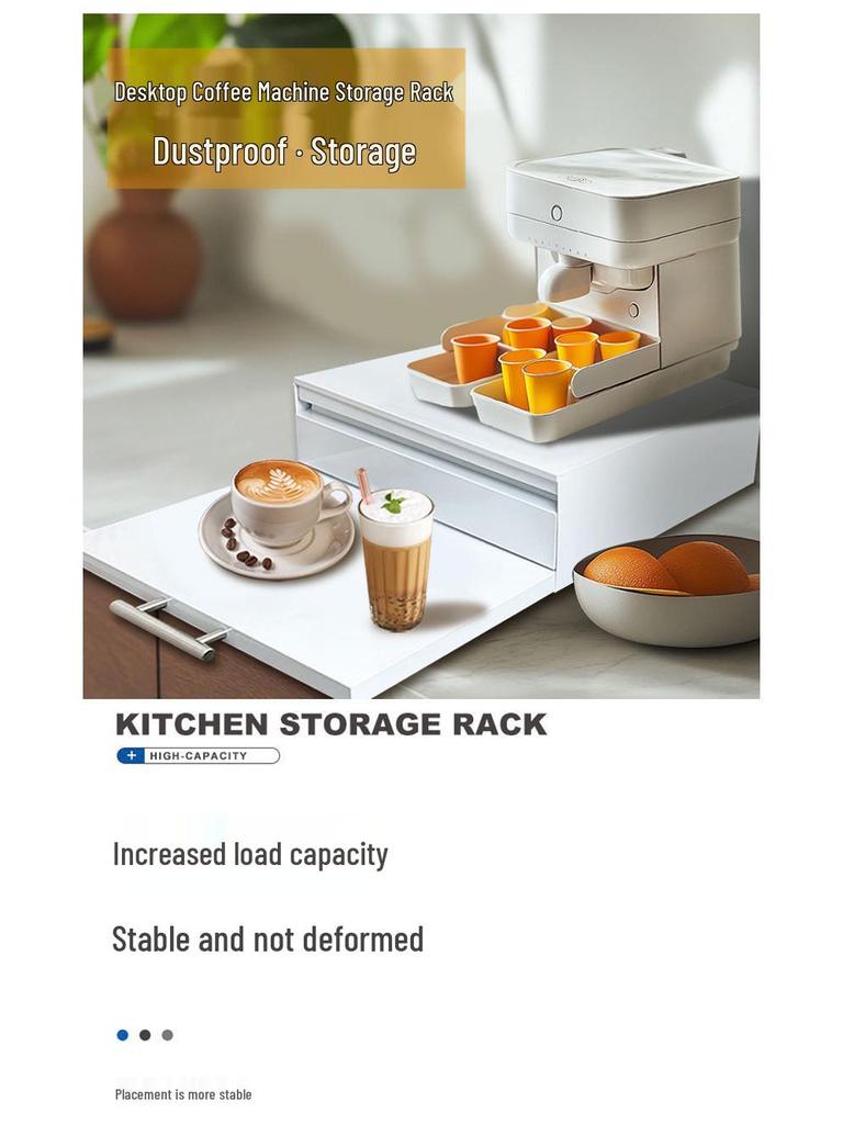 Coffee Machine Storage Rack & Microwave Riser with Dustproof Tea Bag Box