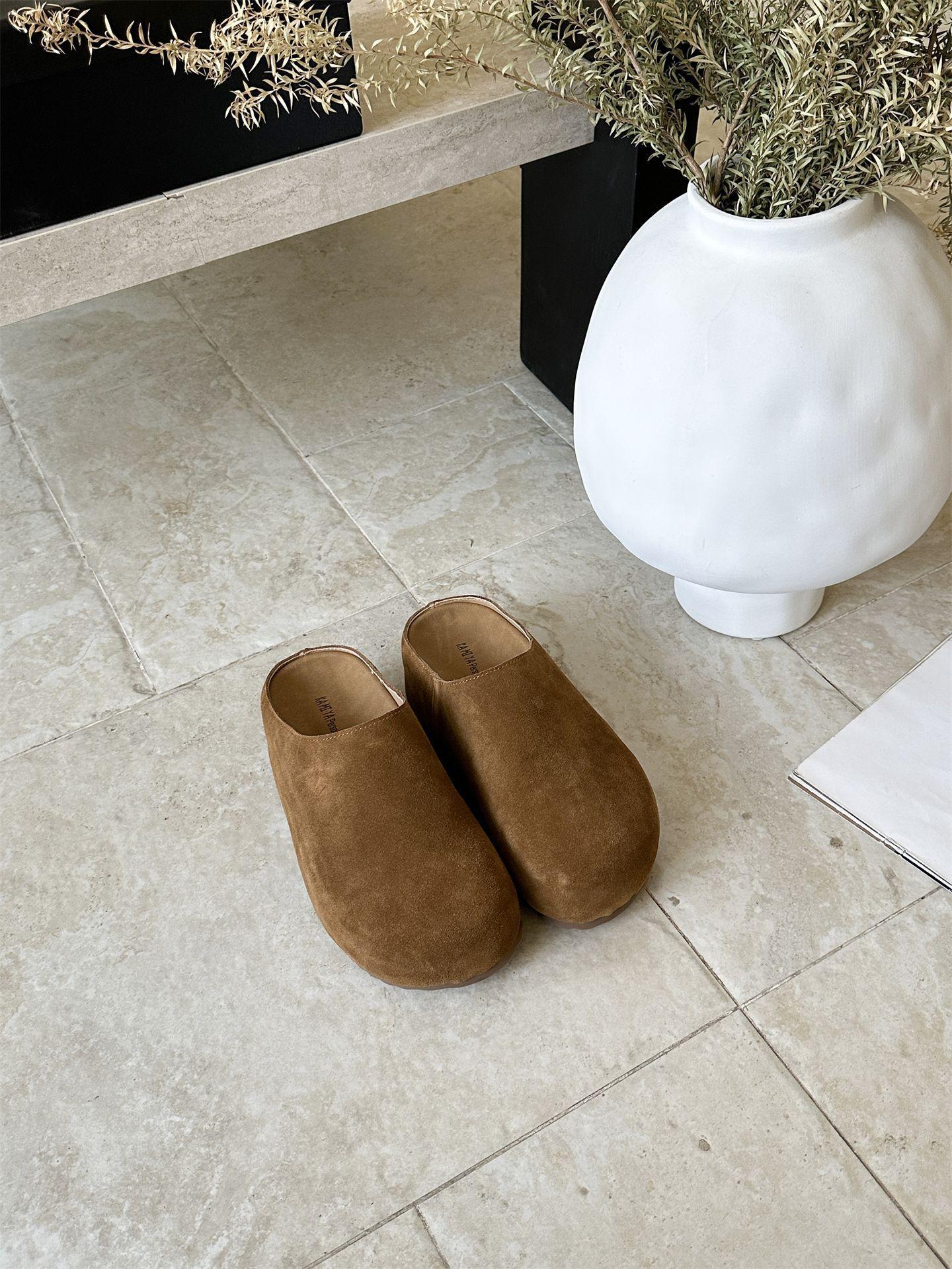 

2330-1~ Inner Height Increase~ Baotou Half Slippers Women S Shoes Wear Leather Shoes 35 коричневый