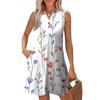 Women's Fashion Casual Printed V-Neck Button With Pocket Vest Sleeveless Dresses