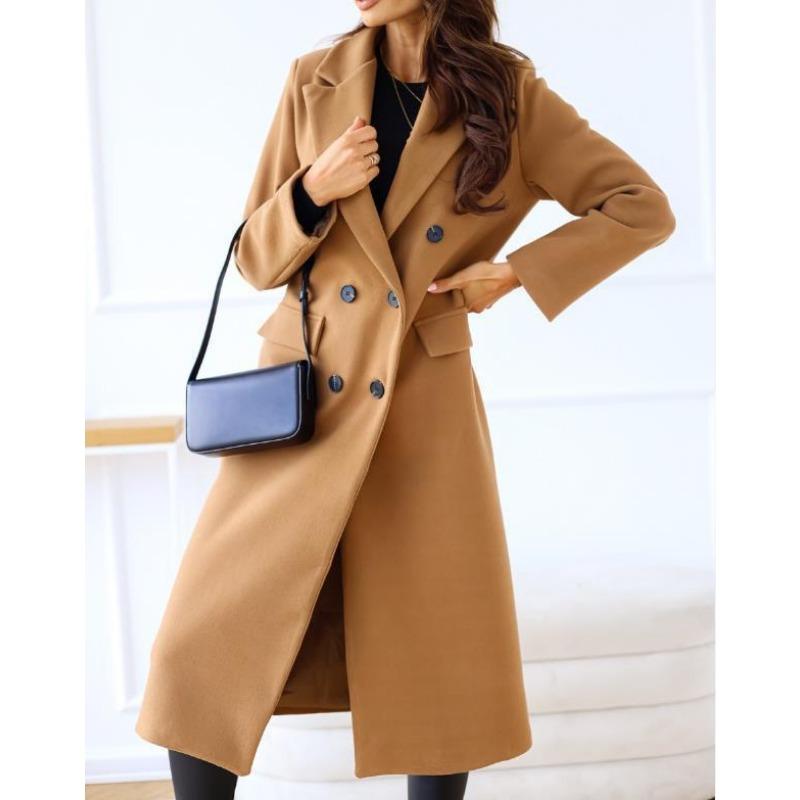 Autumn Winter Loose Casual Solid Color Double Breasted Wool Coat Women All-match Cardigan Outwear Top