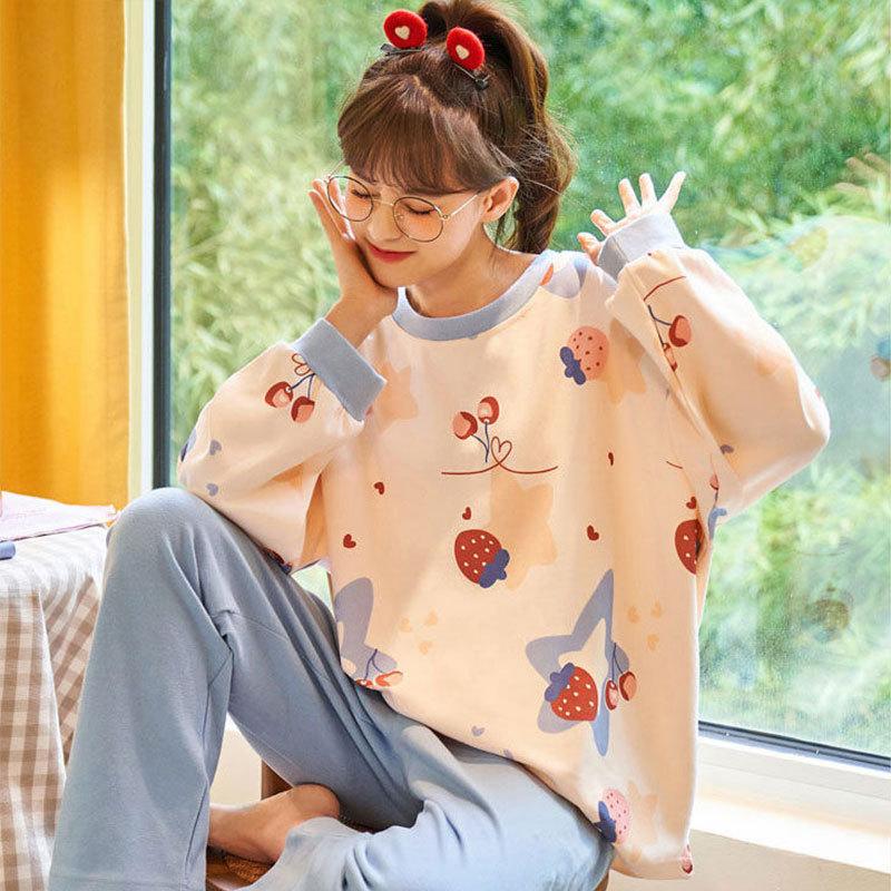 Spring and Autumn New Women's Pajamas Homewear Set Girls Students Plaid Leisure Long-Sleeved Casual Pajamas Women's Homewear Set