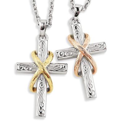 Hawaiian Jewelry Pair Surgical Stainless Steel Cross Scroll Infinity Pendant Accessory Gold Yellow Necklace, [Rose & Gold]