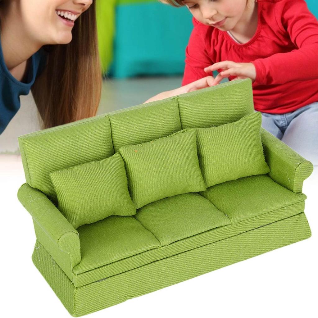 1:12 Doll House Mini Sofa with 3pcs Pillow Living Room Furniture Wooden Doll House Decoration AccessoriesGreen