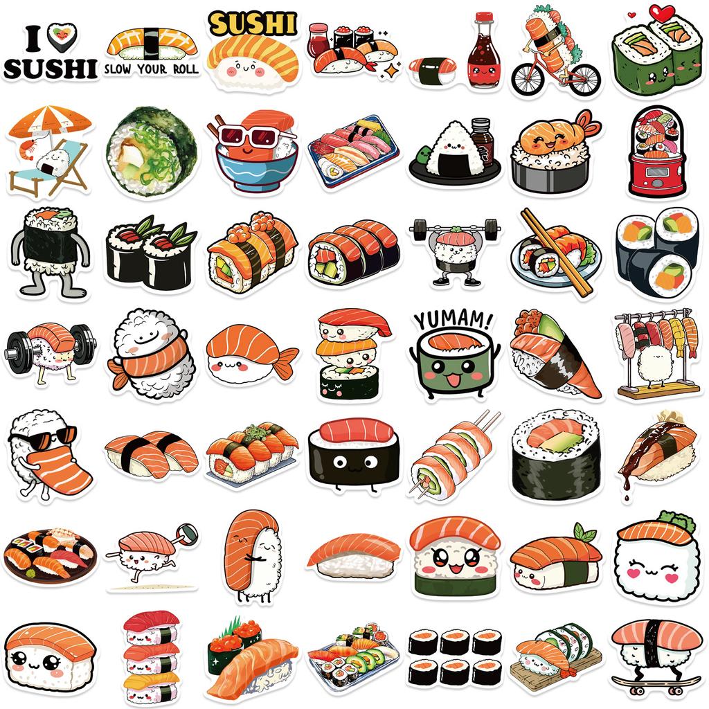50 Cartoon Cute Sushi Hand Tent Doodle Stickers DIY Decorative Guitar Notebook Suitcase