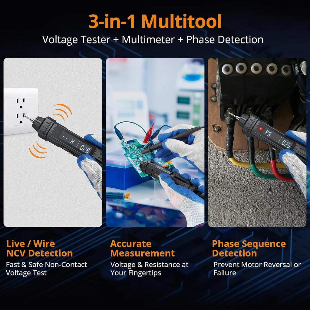 Professional Electrical Kit: Auto Ranging Digital Multimeter & 3-in-1 Pen Multimeter with Phase Sequence Detection, AC/DC Voltag