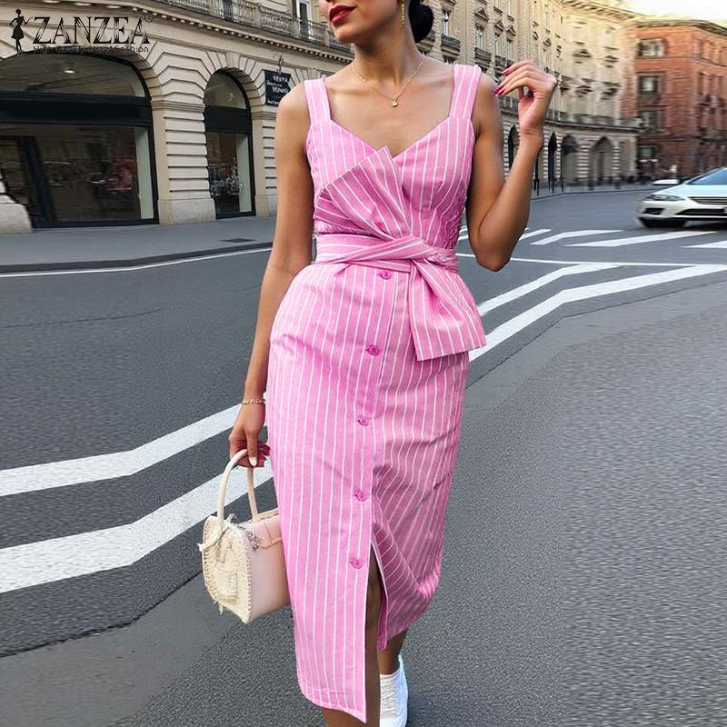ZANZEA Damen Sommer V-Ausschnitt Lässig Ärmellos Streifenkleid