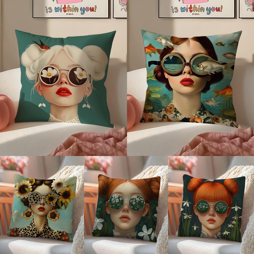 Fashionable Casual Eyeglasses Girl Woman Cushion Cover Pillowcase Short Plush Invisible Zipper Room Sofa Cushion Cover