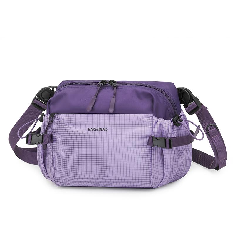 Colorblock Nylon Crossbody Bag with Grid Pattern Front Pocket Casual Sling Purse for Daily Travel