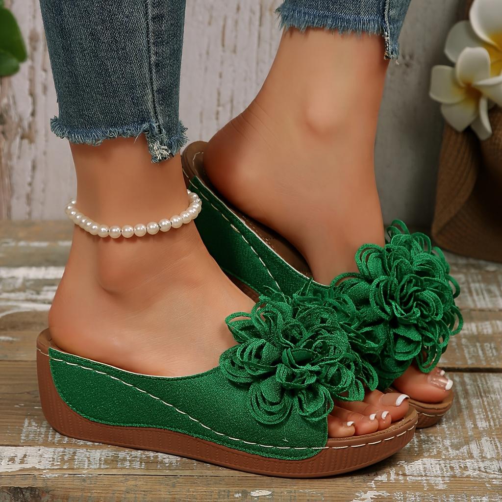 Elegant Wedge Sandals for Women Classic Style with Large Floral Decorations Suitable for Formal Occasions and Slip-on Design with Strappy Back