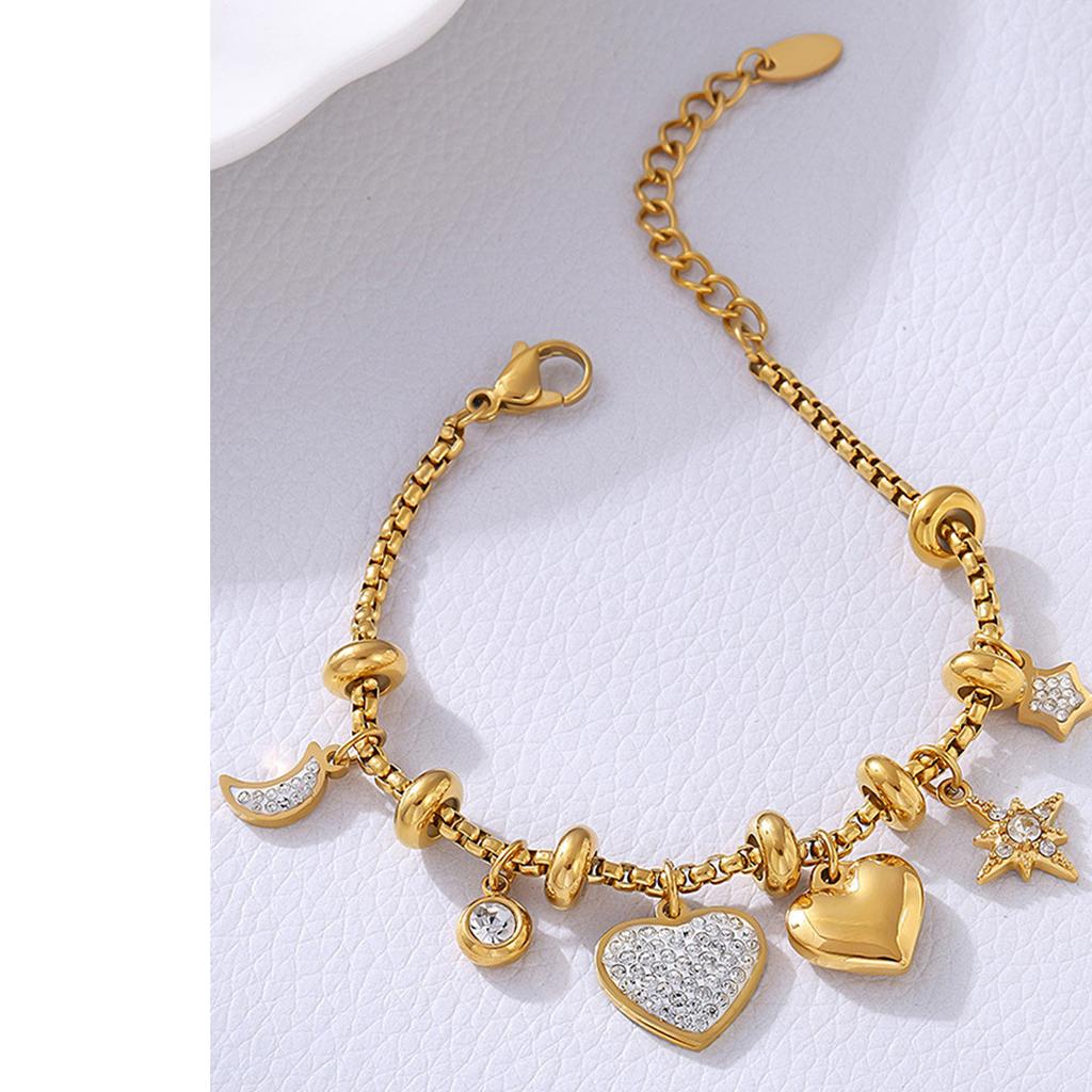 Fashionable 18k Gold Plated Women's Bracelet with Heart Charm Craft of Sturdy Stainless Steel and Zircon Daily Use