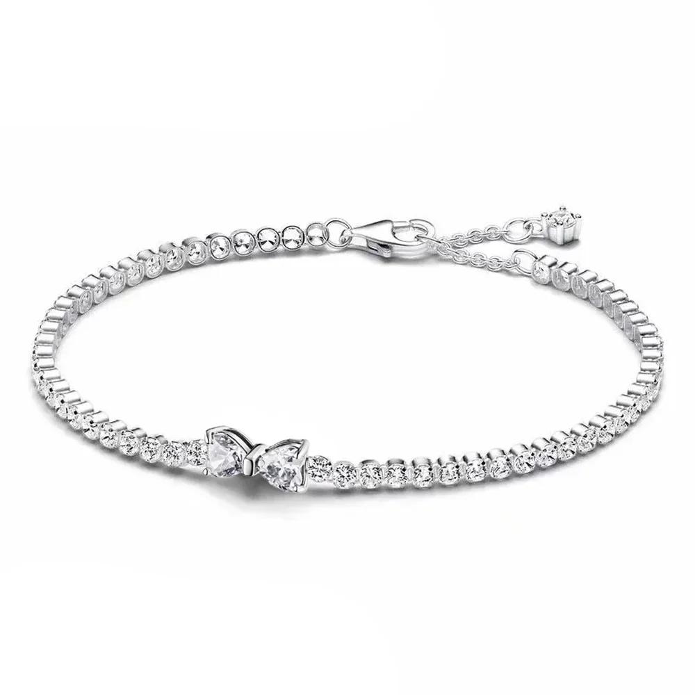 

Valentine New 925 Silver Pink Bow Full Diamond Bracelet Original 17-20CM Fit DIY Charm Women Birthday Jewelry Gifts 17cm красный