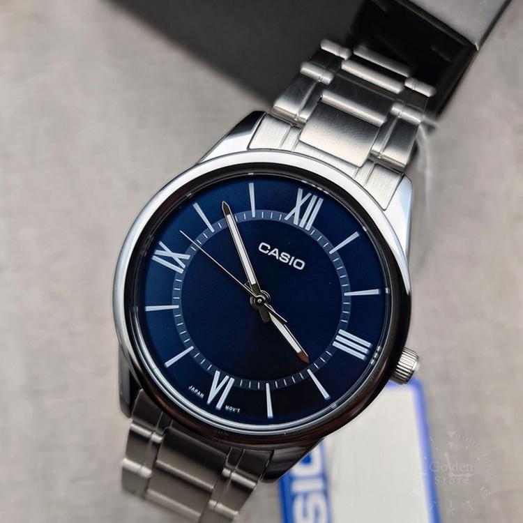 Casio Standard Series Minimalist Retro Small Round Watch Business Fashion Quartz Movement Stainless Steel Strap Men watches Blue MTP-V005D-2B5