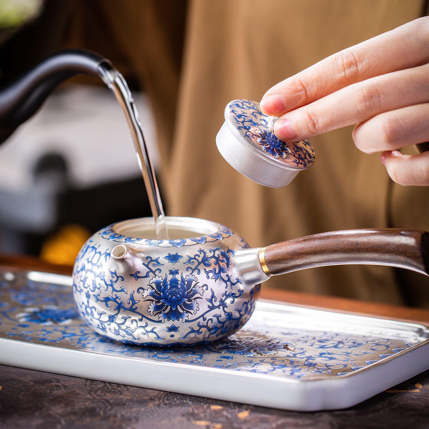 

Silver-Inlaid Blue & White Ceramic Gongfu Tea Set: Teapot, 2 Cups, Tray in Gift Box