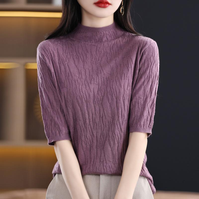 DAFIFY Women's Fashion Casual Summer Spring Solid Color Print Short Sleeve Half Turtleneck Blouses & Shirts