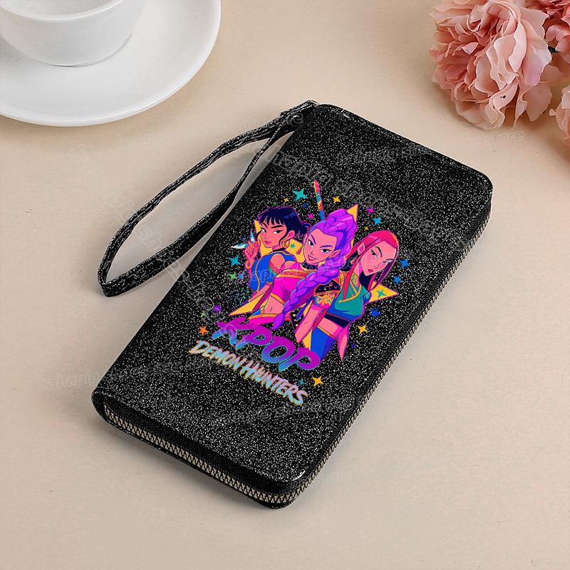 Vysoce kvalitní KPop Lovci démonů Dlouhá peněženka Dámské peněženky na zip Sequin Bling Koženka Kapsa na mince Držák na ID Kartu Dámské Clutch Peněženky