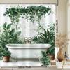 Botanical Spa Shower Curtain – Lush Green Plants & Vintage Tub Illustration Polyester Bath Decor Machine Washable, 12 Hooks