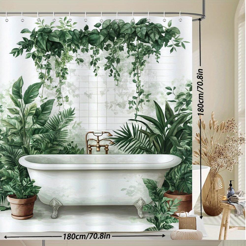 Botanical Spa Shower Curtain – Lush Green Plants & Vintage Tub Illustration Polyester Bath Decor Machine Washable, 12 Hooks