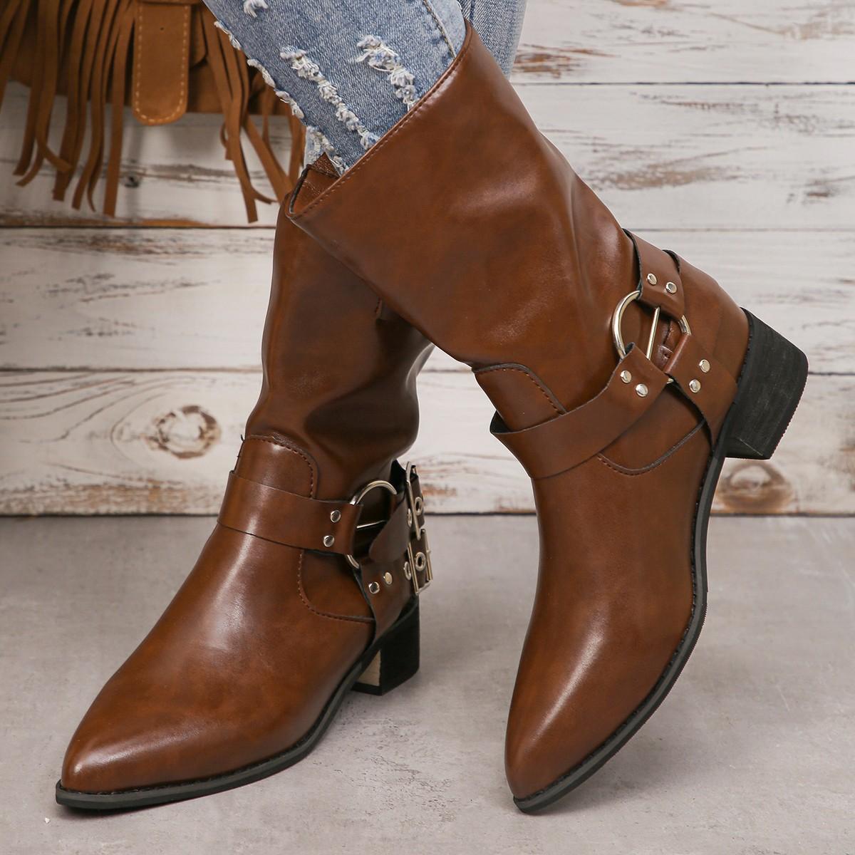 

New Fashionable British Style Retro Thick Heeled Pointed Metal Buckle Women s Boots