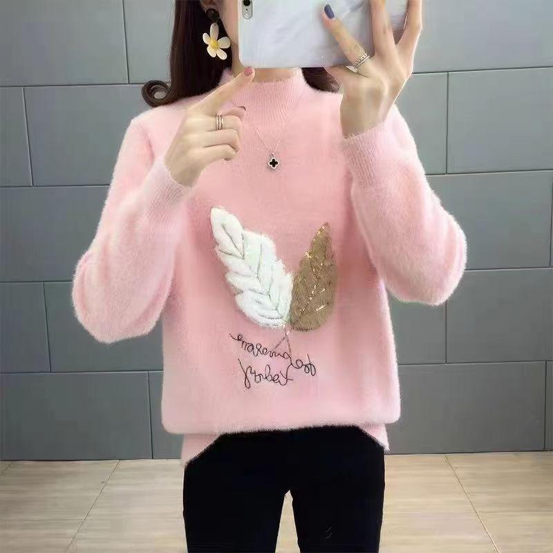 Women's Faux Mink Velvet Sweater: Versatile Autumn/Winter Half-High Neck Knit Pullover