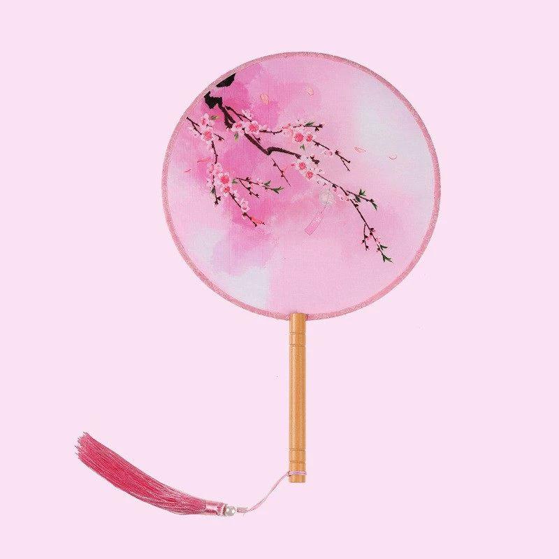 Double-Sided Classical Fan, Ancient Style Semi-Transparent Round Fan with Tassels, Women's Ancient Costume Hanfu Cheongsam Silk Fan