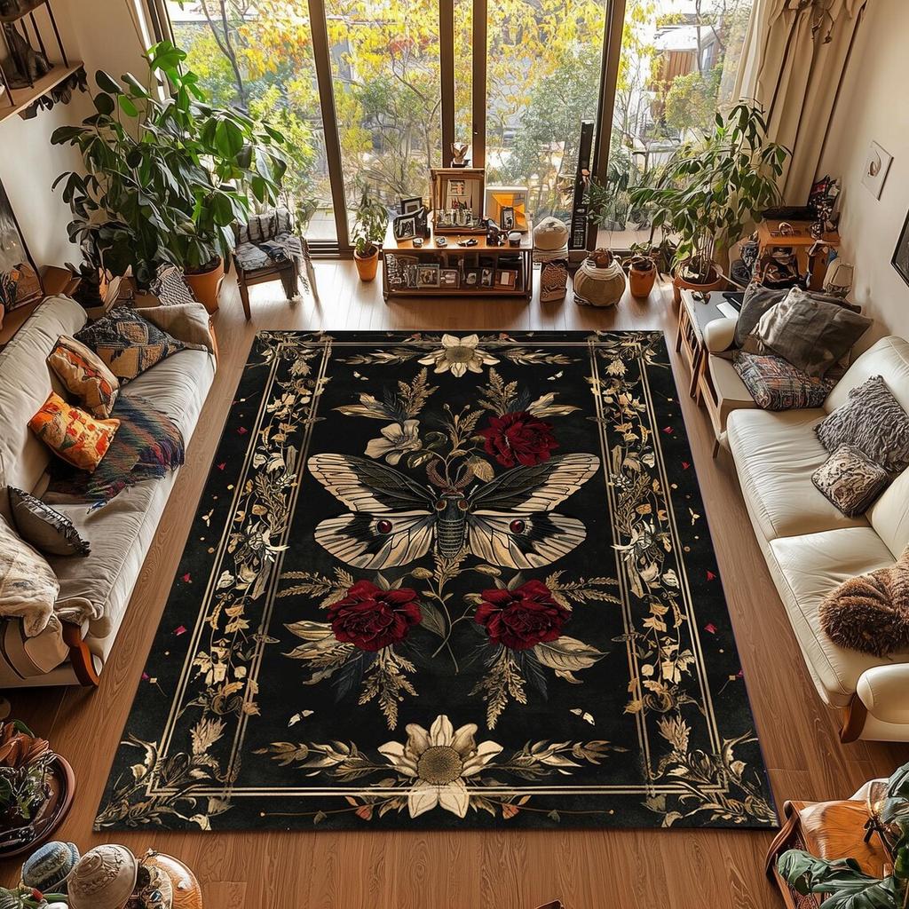 Occult Butterfly Rug Vintage Gothic Floral Washable Carpet for For Bedroom, Living Room, Kitchen Decorations Floor Mat