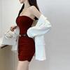 Elegant Strapless Bodycon Dress with Pleated Waist - Women's Autumn/Winter Style
