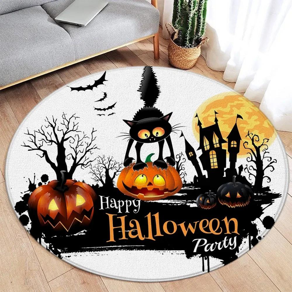 Halloween Themed Round Door Mat with Ghost Pumpkin Cat Skull Patterns Floor Mat for Home Decor Adding Festive Spooky Atmosphere