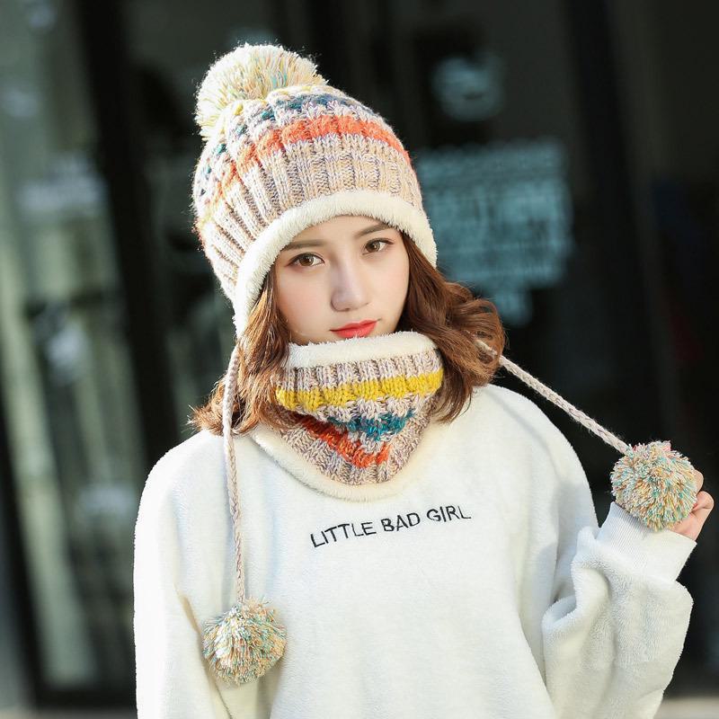 Korean Style Women's Knit Earmuff Hat and Scarf Set - Plush, Thick, and Trendy for Outdoor Warmth.