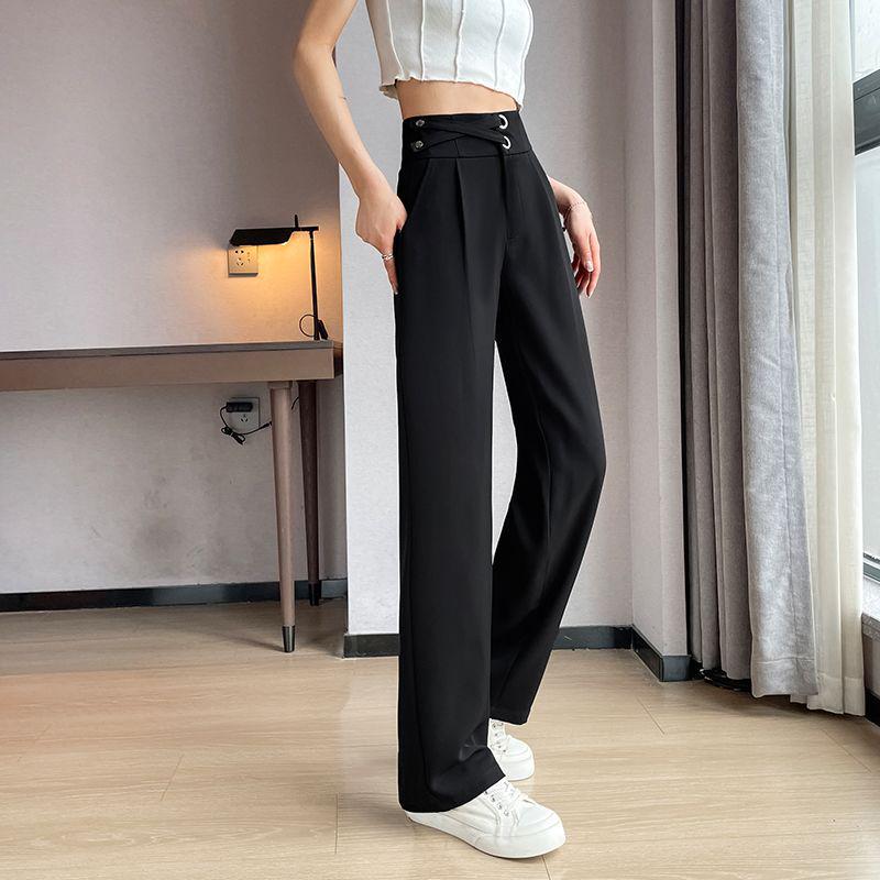 Khaki Women's High Waist Wide Leg Ice Silk Pants - Slim Fit, Floor Length, Casual Suit Style