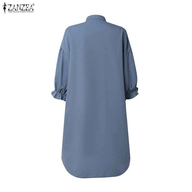 ZANZEA Women Stand Collar Solid Color Loose Long Sleeve Shirt Dress
